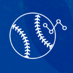 A white outline of a baseball with stitching is shown, alongside a line graph icon, on a blue background. It represents baseball analytics.